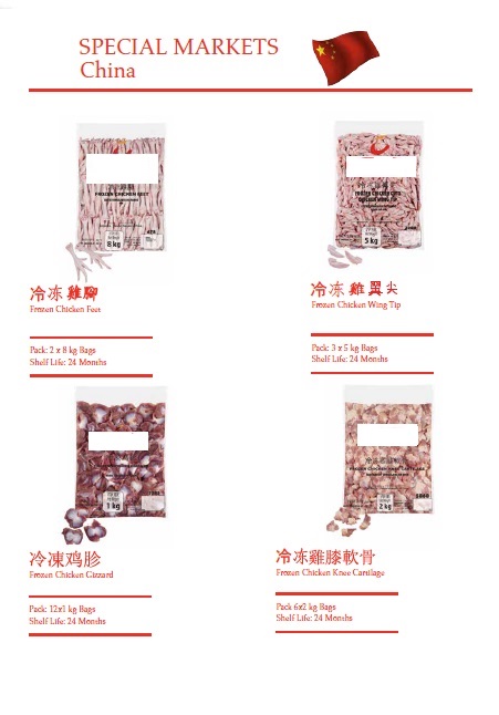 Morceaux de poulet conditionnés en multi-portions, spécial marché chinois