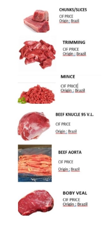 Morceaux de viande bovine et viande deuxième catégorie surgelée dans emballages