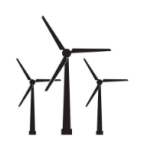 Dessin stylisé à l'encre noire de trois éoliennes